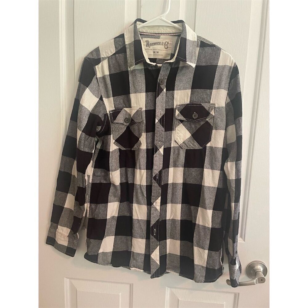 Roebuck & Co Men's Black Plaid Flannel Button-Up Shirt Size M Long Sleeve Casual